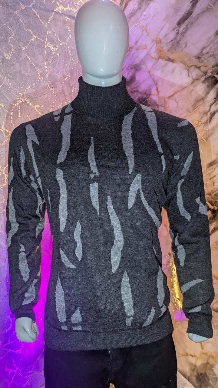 Men’s Premium Winter Knit Turtle Neck Sweater – Grey Abstract Pattern