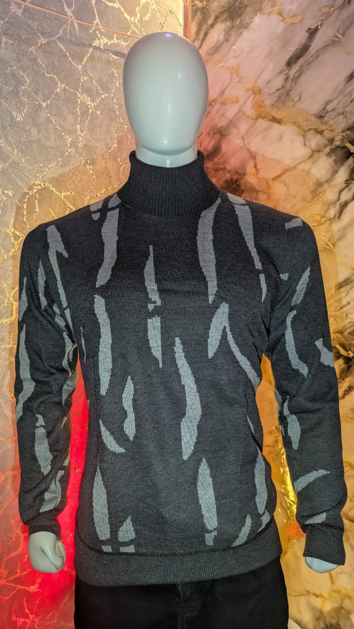 Men’s Premium Winter Knit Turtle Neck Sweater – Grey Abstract Pattern
